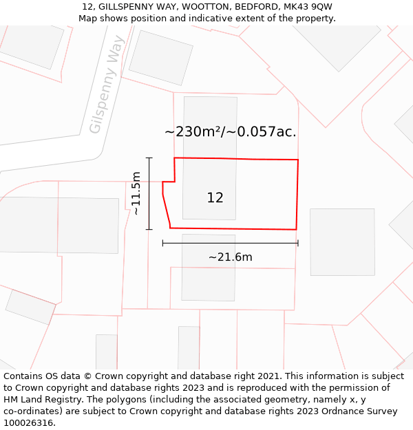 12, GILLSPENNY WAY, WOOTTON, BEDFORD, MK43 9QW: Plot and title map