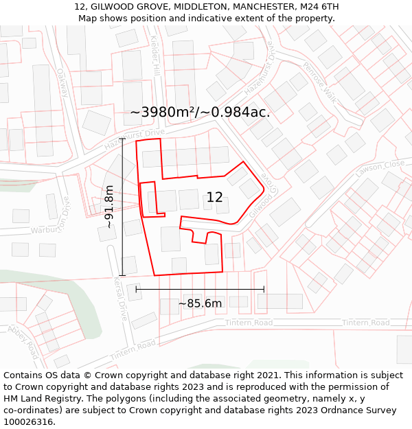 12, GILWOOD GROVE, MIDDLETON, MANCHESTER, M24 6TH: Plot and title map