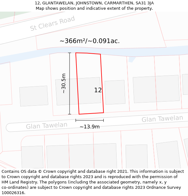 12, GLANTAWELAN, JOHNSTOWN, CARMARTHEN, SA31 3JA: Plot and title map