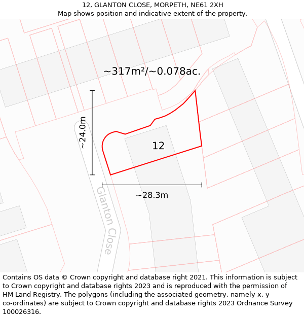 12, GLANTON CLOSE, MORPETH, NE61 2XH: Plot and title map