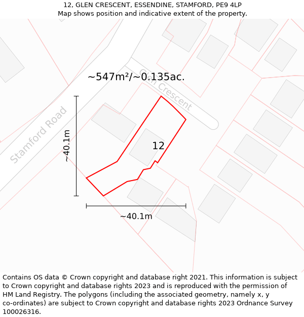 12, GLEN CRESCENT, ESSENDINE, STAMFORD, PE9 4LP: Plot and title map