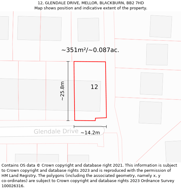 12, GLENDALE DRIVE, MELLOR, BLACKBURN, BB2 7HD: Plot and title map