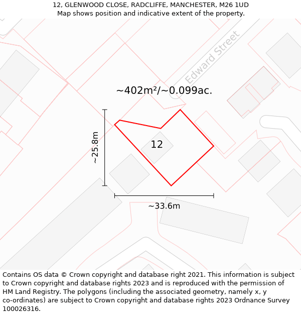 12, GLENWOOD CLOSE, RADCLIFFE, MANCHESTER, M26 1UD: Plot and title map