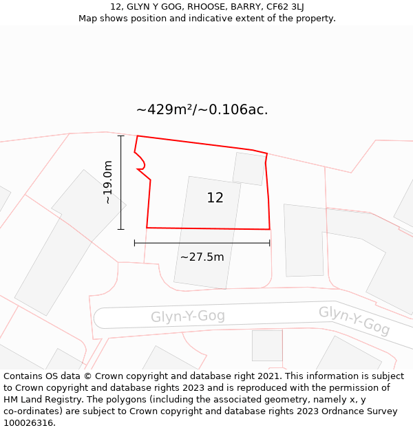 12, GLYN Y GOG, RHOOSE, BARRY, CF62 3LJ: Plot and title map