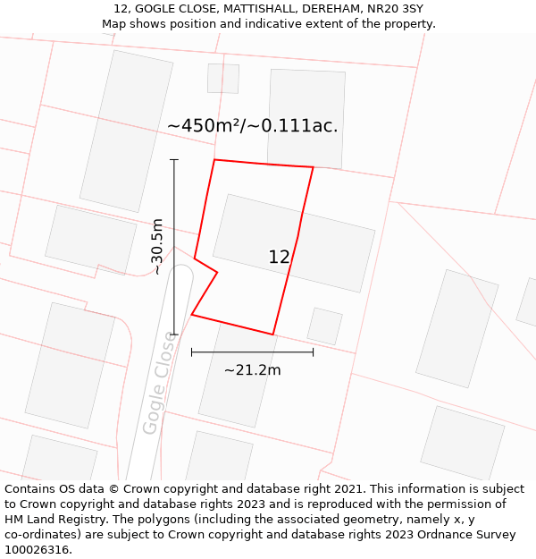 12, GOGLE CLOSE, MATTISHALL, DEREHAM, NR20 3SY: Plot and title map