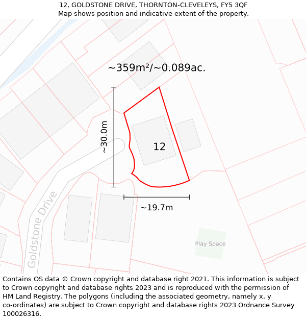 12, GOLDSTONE DRIVE, THORNTON-CLEVELEYS, FY5 3QF: Plot and title map