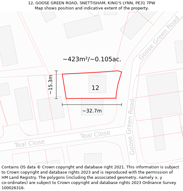 12, GOOSE GREEN ROAD, SNETTISHAM, KING'S LYNN, PE31 7PW: Plot and title map