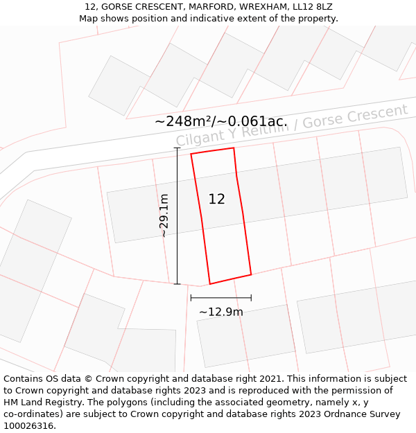 12, GORSE CRESCENT, MARFORD, WREXHAM, LL12 8LZ: Plot and title map