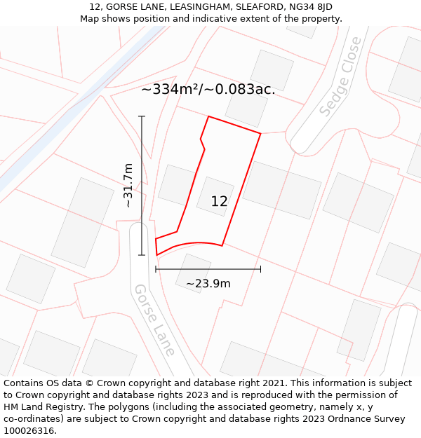 12, GORSE LANE, LEASINGHAM, SLEAFORD, NG34 8JD: Plot and title map