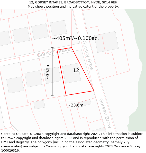 12, GORSEY INTAKES, BROADBOTTOM, HYDE, SK14 6EH: Plot and title map