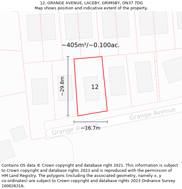 12, GRANGE AVENUE, LACEBY, GRIMSBY, DN37 7DG: Plot and title map