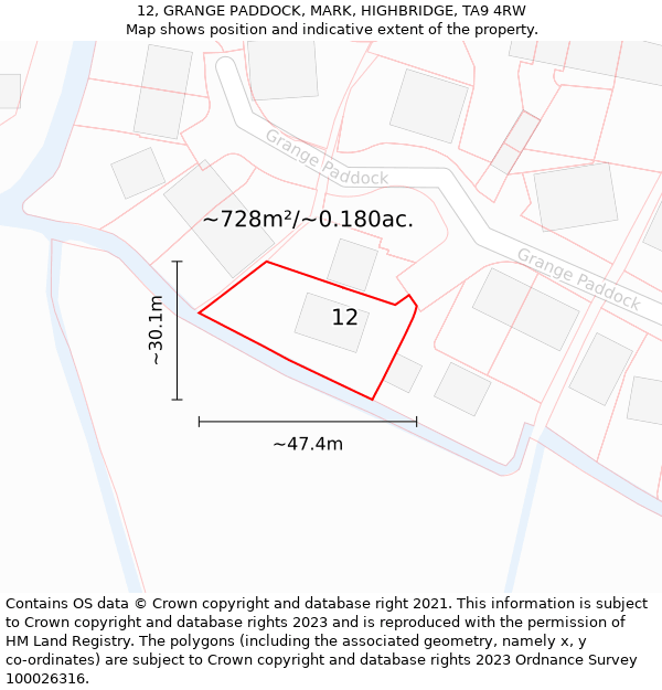 12, GRANGE PADDOCK, MARK, HIGHBRIDGE, TA9 4RW: Plot and title map