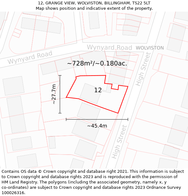 12, GRANGE VIEW, WOLVISTON, BILLINGHAM, TS22 5LT: Plot and title map