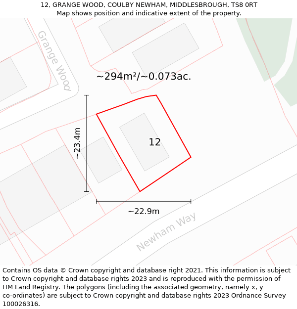 12, GRANGE WOOD, COULBY NEWHAM, MIDDLESBROUGH, TS8 0RT: Plot and title map