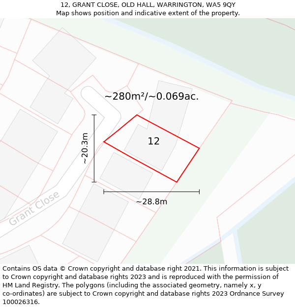 12, GRANT CLOSE, OLD HALL, WARRINGTON, WA5 9QY: Plot and title map