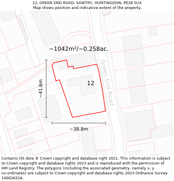 12, GREEN END ROAD, SAWTRY, HUNTINGDON, PE28 5UX: Plot and title map