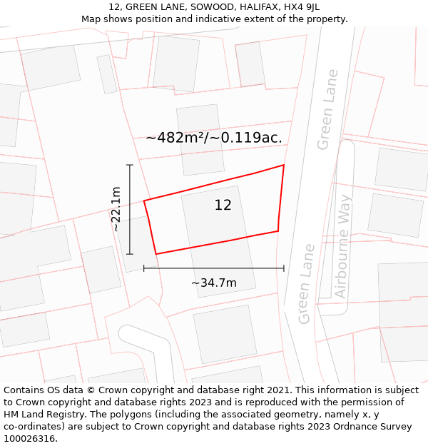 12, GREEN LANE, SOWOOD, HALIFAX, HX4 9JL: Plot and title map