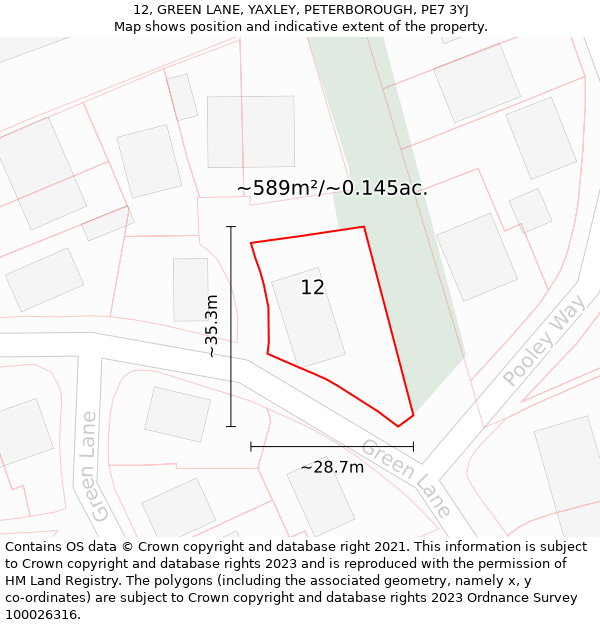 12, GREEN LANE, YAXLEY, PETERBOROUGH, PE7 3YJ: Plot and title map