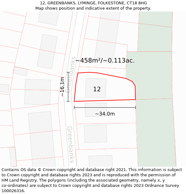 12, GREENBANKS, LYMINGE, FOLKESTONE, CT18 8HG: Plot and title map