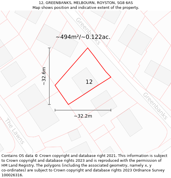 12, GREENBANKS, MELBOURN, ROYSTON, SG8 6AS: Plot and title map