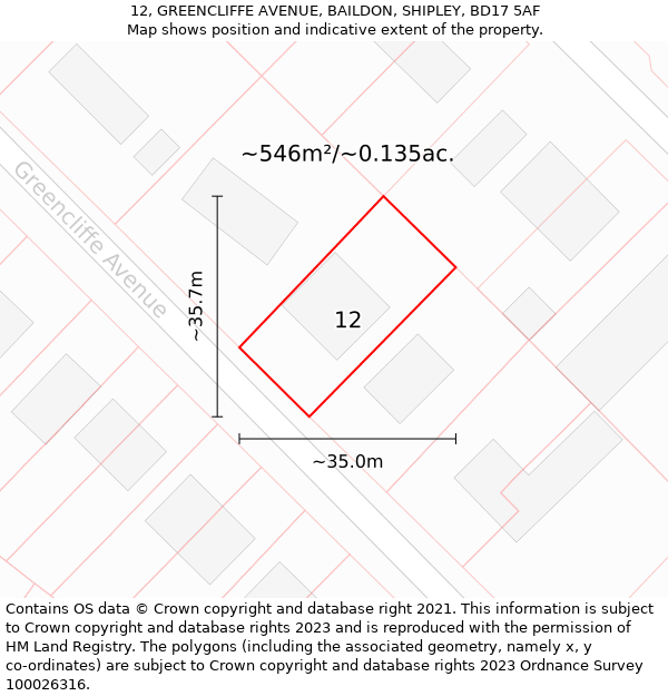 12, GREENCLIFFE AVENUE, BAILDON, SHIPLEY, BD17 5AF: Plot and title map