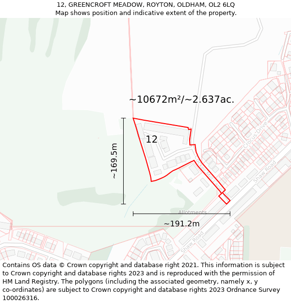 12, GREENCROFT MEADOW, ROYTON, OLDHAM, OL2 6LQ: Plot and title map