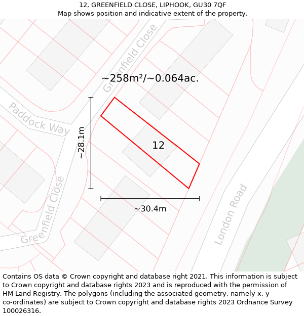 12, GREENFIELD CLOSE, LIPHOOK, GU30 7QF: Plot and title map