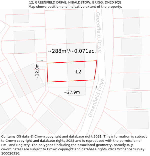 12, GREENFIELD DRIVE, HIBALDSTOW, BRIGG, DN20 9QE: Plot and title map