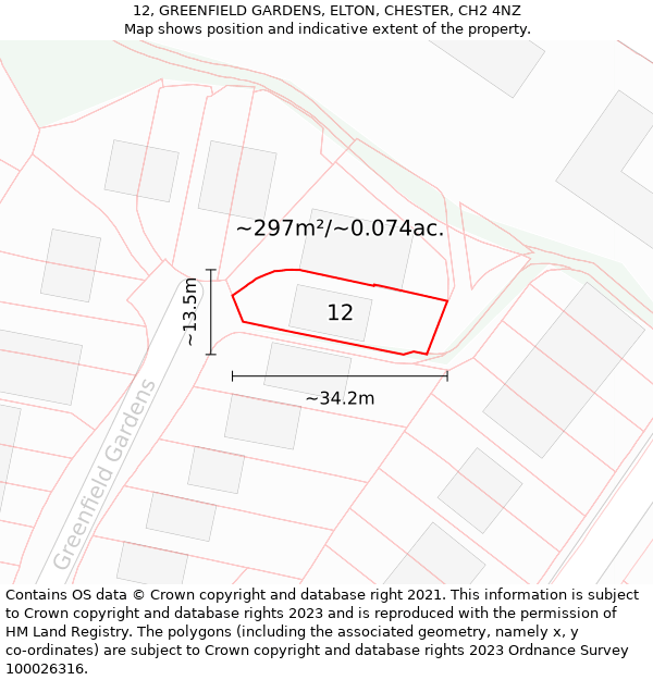 12, GREENFIELD GARDENS, ELTON, CHESTER, CH2 4NZ: Plot and title map