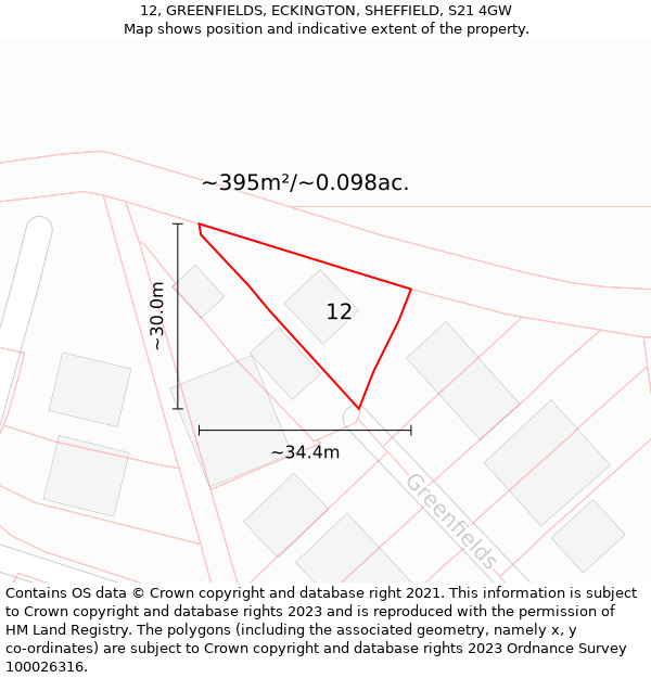 12, GREENFIELDS, ECKINGTON, SHEFFIELD, S21 4GW: Plot and title map