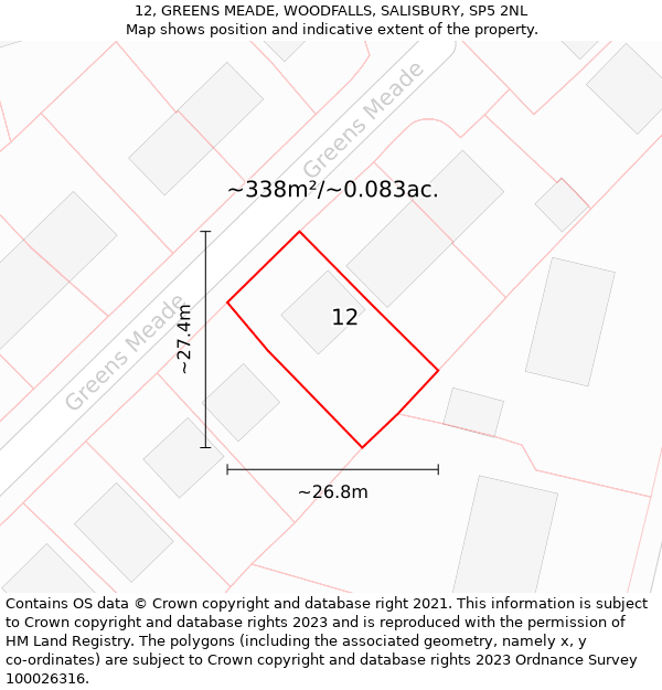 12, GREENS MEADE, WOODFALLS, SALISBURY, SP5 2NL: Plot and title map