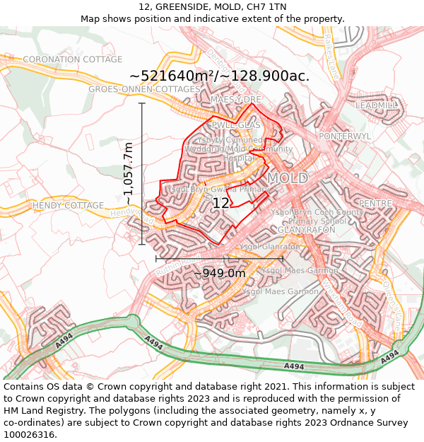 12, GREENSIDE, MOLD, CH7 1TN: Plot and title map