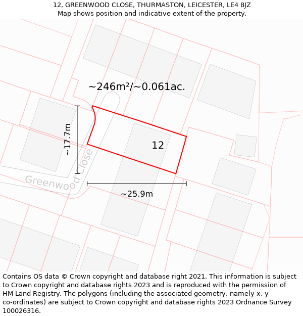 12, GREENWOOD CLOSE, THURMASTON, LEICESTER, LE4 8JZ: Plot and title map