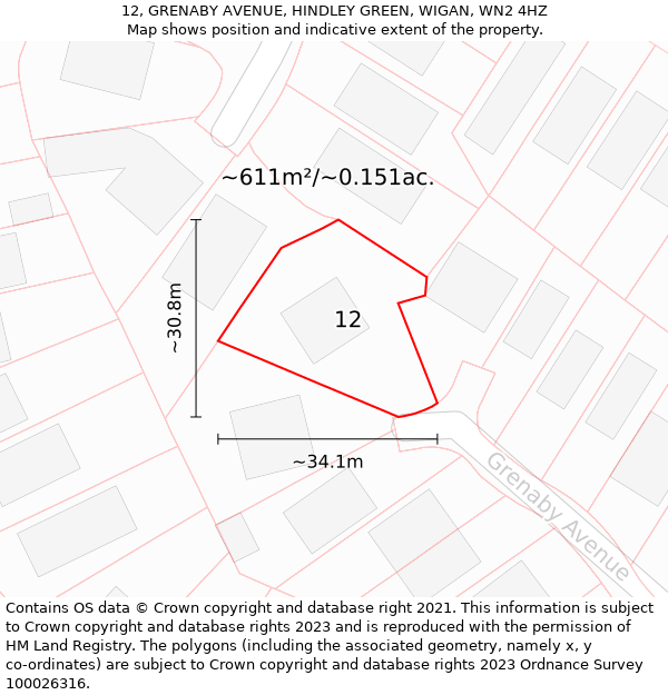 12, GRENABY AVENUE, HINDLEY GREEN, WIGAN, WN2 4HZ: Plot and title map