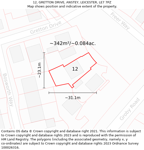 12, GRETTON DRIVE, ANSTEY, LEICESTER, LE7 7PZ: Plot and title map