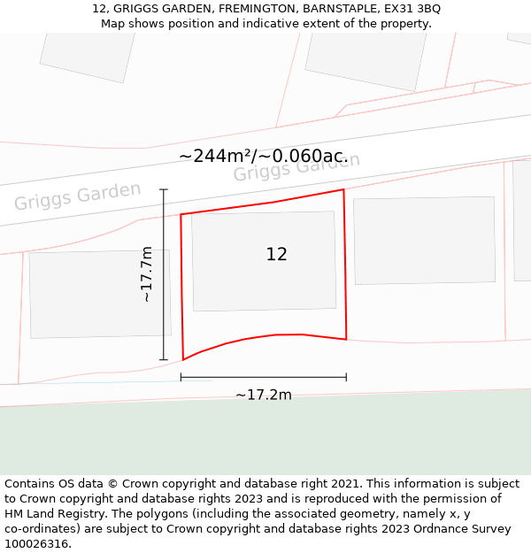 12, GRIGGS GARDEN, FREMINGTON, BARNSTAPLE, EX31 3BQ: Plot and title map