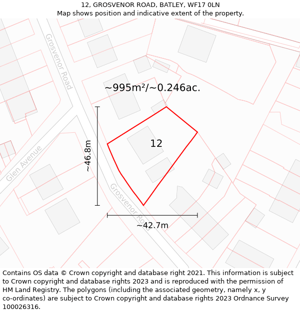 12, GROSVENOR ROAD, BATLEY, WF17 0LN: Plot and title map