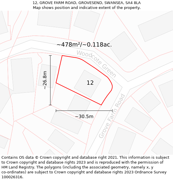 12, GROVE FARM ROAD, GROVESEND, SWANSEA, SA4 8LA: Plot and title map