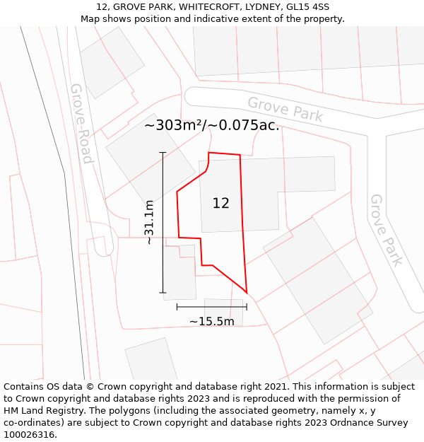 12, GROVE PARK, WHITECROFT, LYDNEY, GL15 4SS: Plot and title map