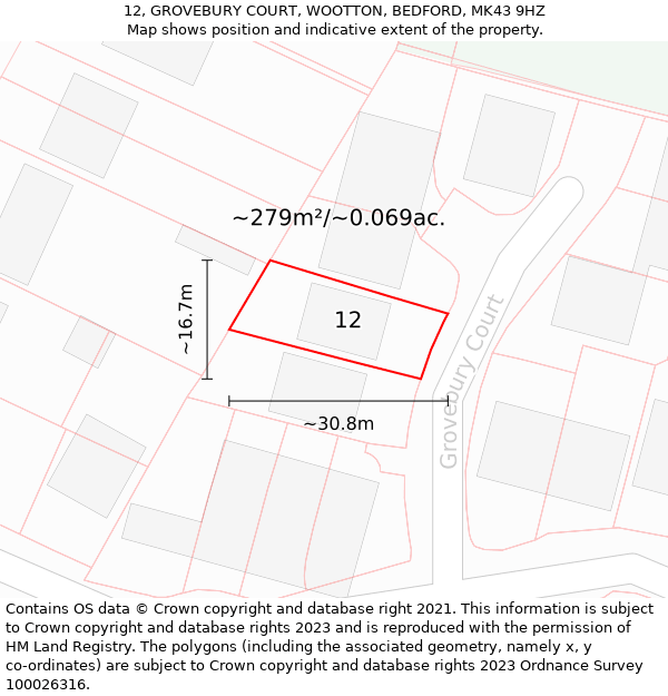 12, GROVEBURY COURT, WOOTTON, BEDFORD, MK43 9HZ: Plot and title map