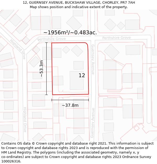 12, GUERNSEY AVENUE, BUCKSHAW VILLAGE, CHORLEY, PR7 7AH: Plot and title map