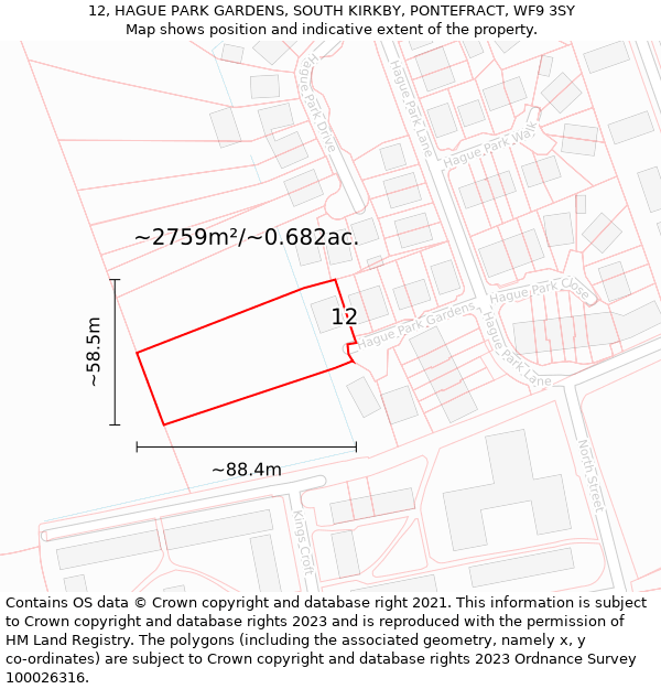 12, HAGUE PARK GARDENS, SOUTH KIRKBY, PONTEFRACT, WF9 3SY: Plot and title map