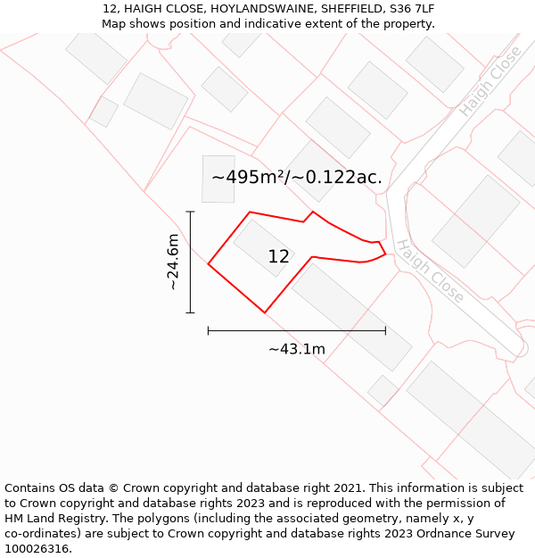 12, HAIGH CLOSE, HOYLANDSWAINE, SHEFFIELD, S36 7LF: Plot and title map