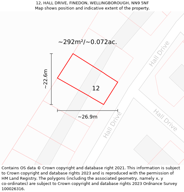 12, HALL DRIVE, FINEDON, WELLINGBOROUGH, NN9 5NF: Plot and title map