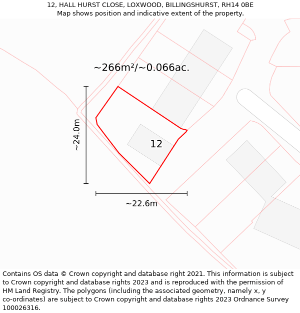 12, HALL HURST CLOSE, LOXWOOD, BILLINGSHURST, RH14 0BE: Plot and title map