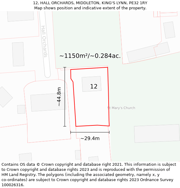 12, HALL ORCHARDS, MIDDLETON, KING'S LYNN, PE32 1RY: Plot and title map