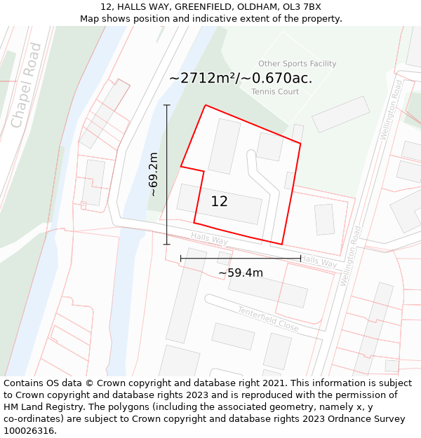 12, HALLS WAY, GREENFIELD, OLDHAM, OL3 7BX: Plot and title map