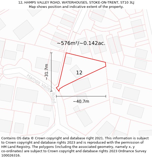 12, HAMPS VALLEY ROAD, WATERHOUSES, STOKE-ON-TRENT, ST10 3LJ: Plot and title map