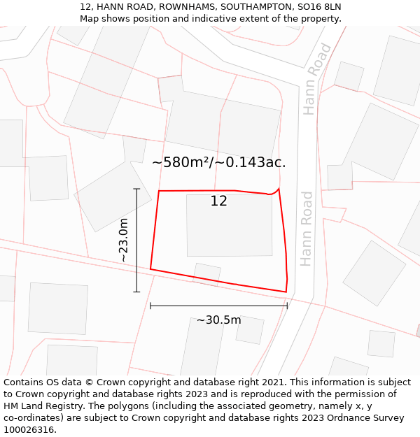 12, HANN ROAD, ROWNHAMS, SOUTHAMPTON, SO16 8LN: Plot and title map