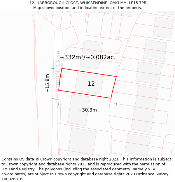 12, HARBOROUGH CLOSE, WHISSENDINE, OAKHAM, LE15 7PB: Plot and title map